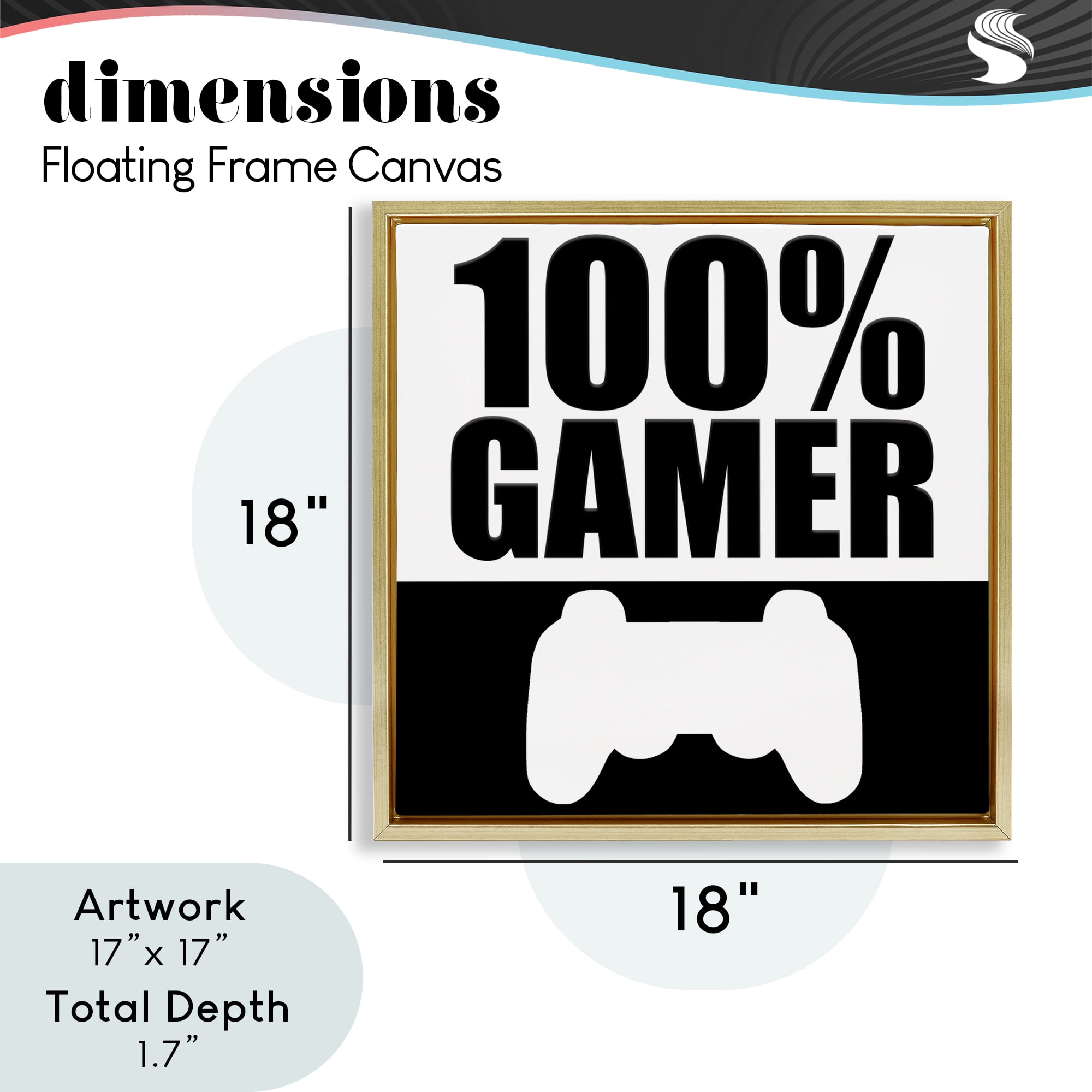 100% Gamer Black & White Gold Framed Floater Canvas Wall Art, design by Kim Allen