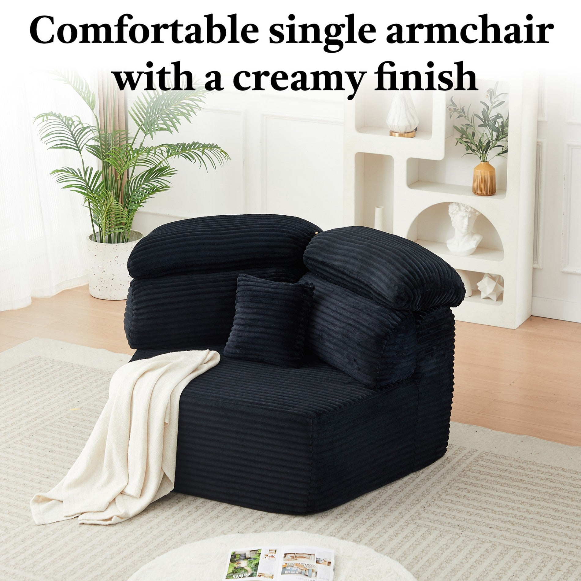 Sailvan 2PCS 53" Modern Corduroy Modular Lounge Chair, Pentagonal Seater Cloud Sofa with 6 Enveloping Pillows for Living Room Black