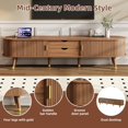 thumbnail image 3 of Wooden Oval TV Stand for TV up to 80", Entertainment Center with Charging Station, Mid-Century Media Console with Sliding Tambour Door & Gold Handle for Living Room, Walnut, 3 of 12