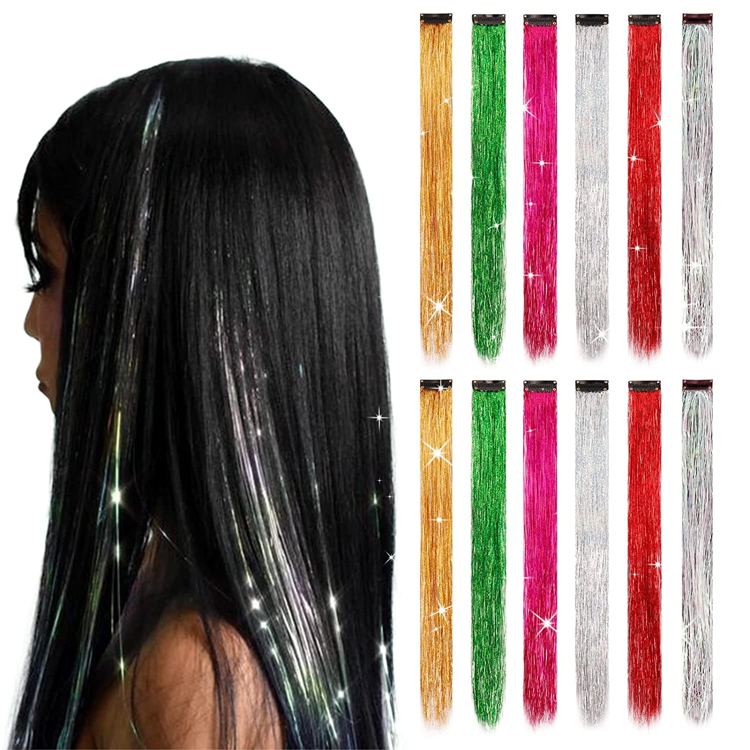 6 Pcs 96 ThreadsClip In Hair Tinsel Kit Glitter Fairy Tinsel Hair  Extensions 20 Inch Shiny Hair Tinsel(Seven Colors)