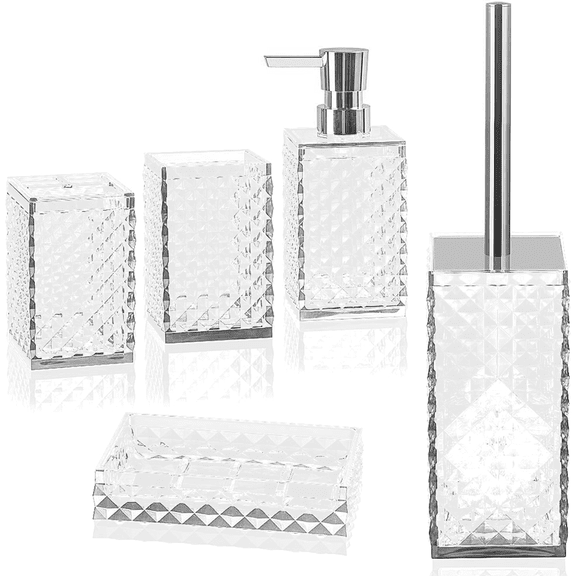 Acrylic Bathroom Accessories Set of 5, Circular Corrugation Design with Toothbrush Holder, Lotion Dispenser, Soap Dish, and Toilet Brush Set