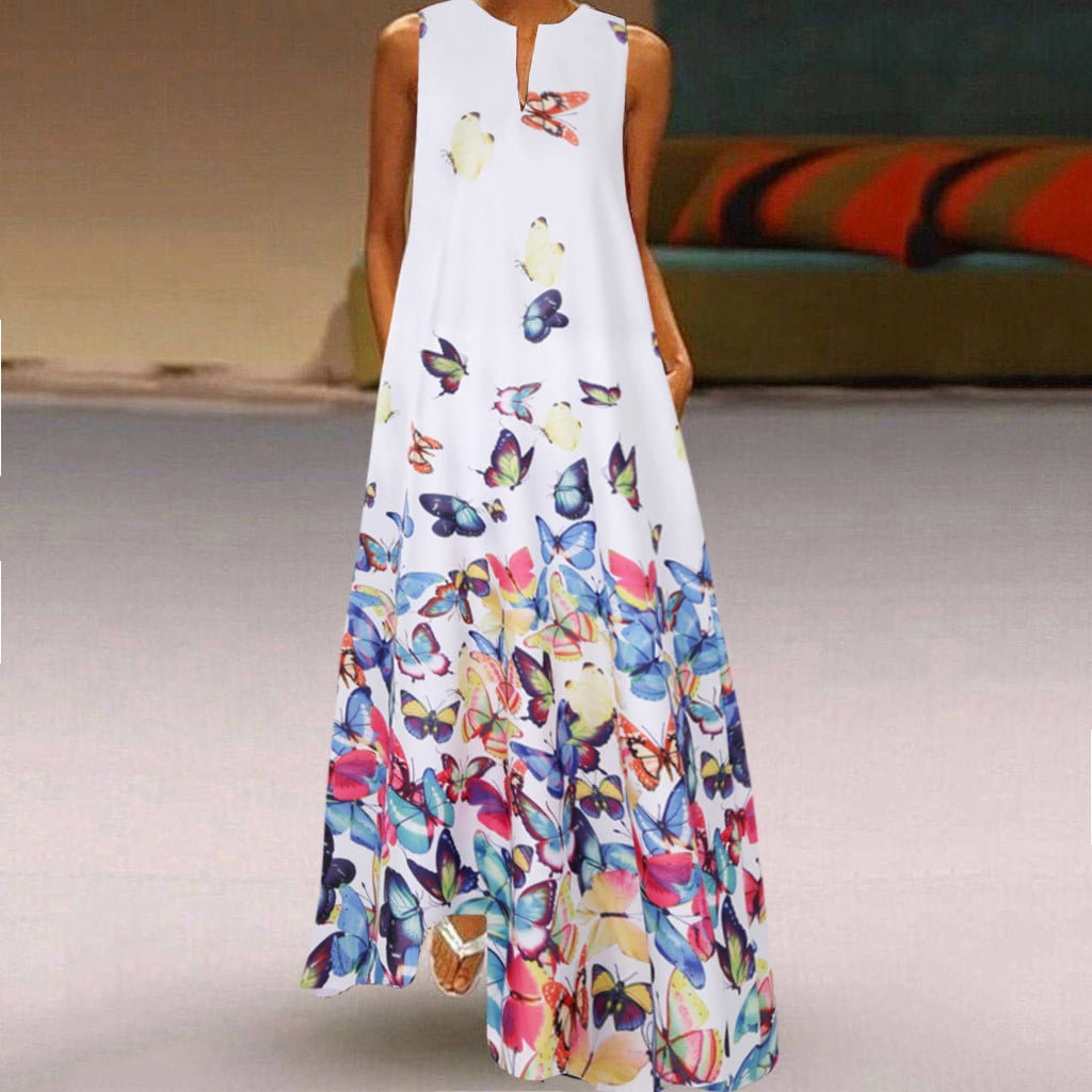Women Vintage Dress Retro Daily Casual Baggy Caftan Sleeveless Butterfly Printed Floral Tassel Long Maxi Dresses 