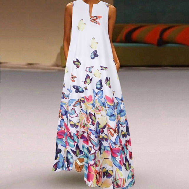 Pompotops Robe Maxi Sans Manches Vintage Bohème à Col en V pour Femmes Grande Taille à Imprimé pour Tous les Jours