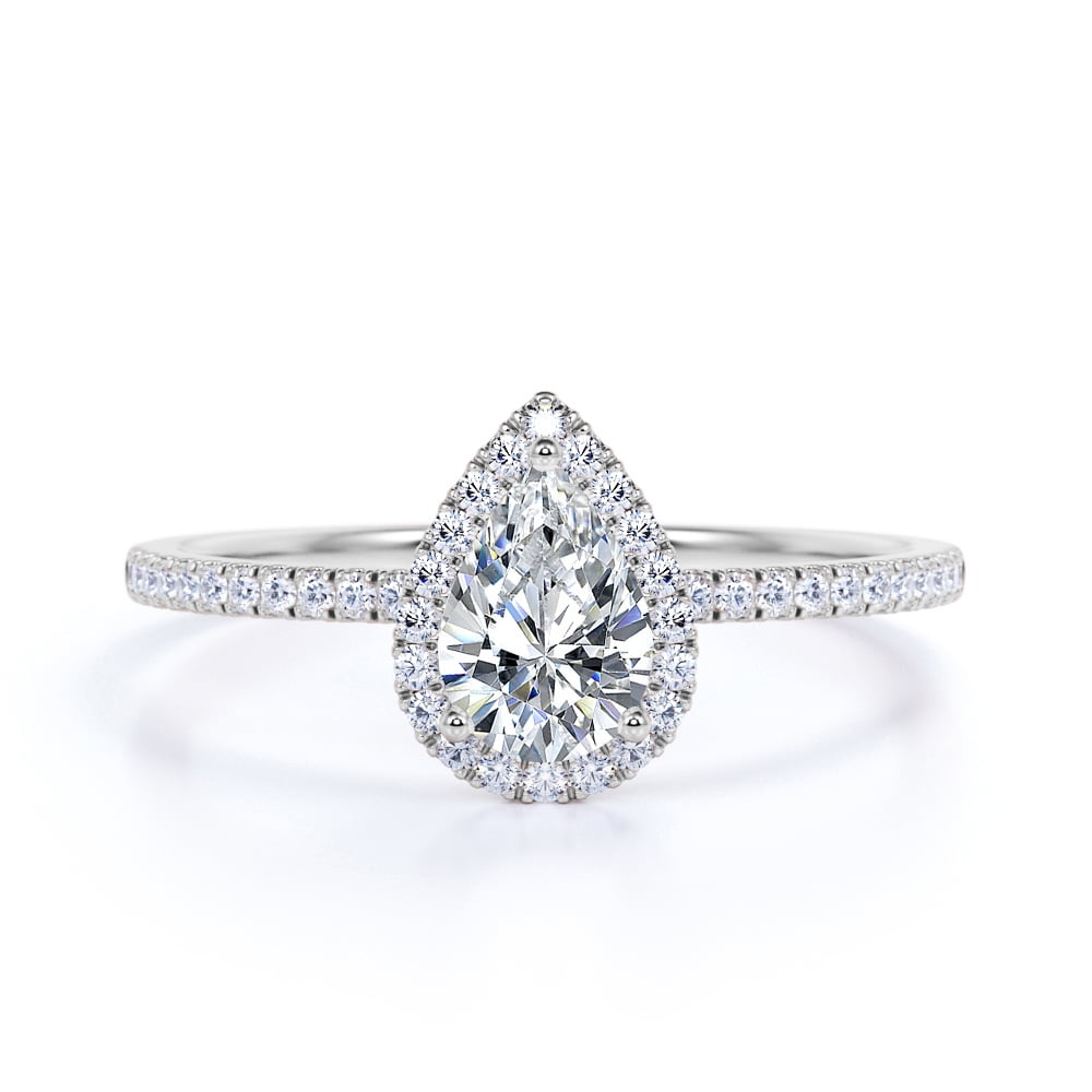 JeenMata Antique 0.50 Carat Pear Shaped Diamond Halo Engagement Ring in 10K White Gold