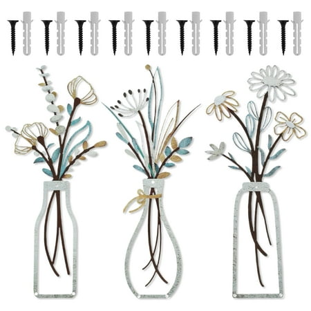 3 Pcs Metal Flowers Wall Arts Metal Vase Wall Art Rustic Farmhouse Decor Bathroom Wall Decor Dining Room Wall Decor Minimalist Decor Housewarming Gifts 13.8x5.9 in