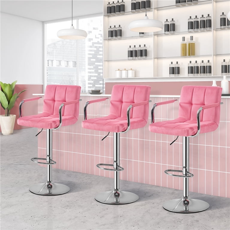 COSTWAY Adjustable Bar Stools Set Of 2 - Dutch Velvet Swivel Stools With Footrest (Pink)
