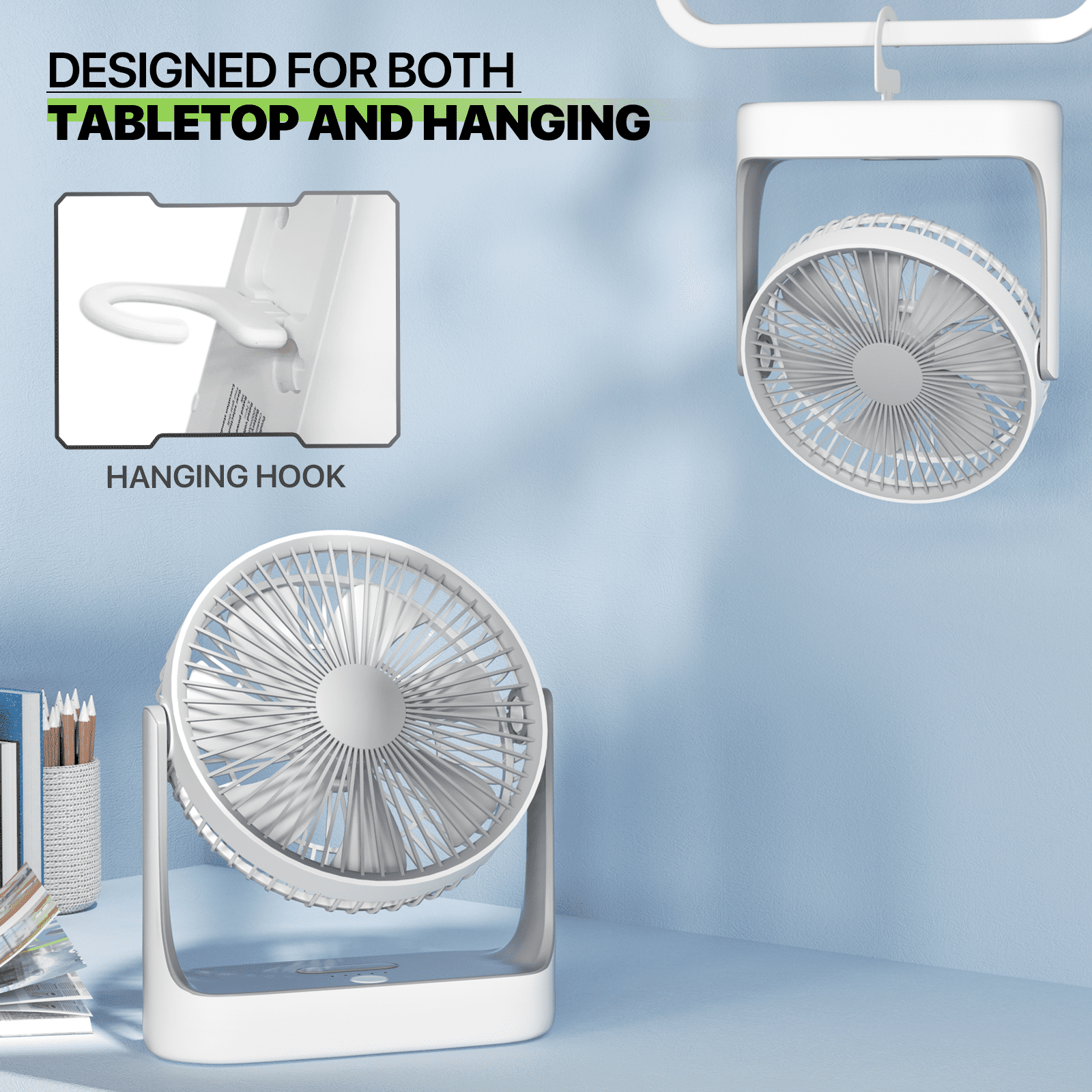 Magshion USB Desktop Fan, Rechargeable Wall Mounted Hanging Fan with LED Light and Hook, Speed Adjustable Air Cooler Fan For Home Bedroom, White