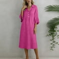 thumbnail image 5 of FDGIU Women's Collared V Neck Half Button Bell 3/4 Sleeve Loose Linen Midi Dress, Casual Office Work Spring Fall Home Lounge Straight Mid Length Dresses, 5 of 6