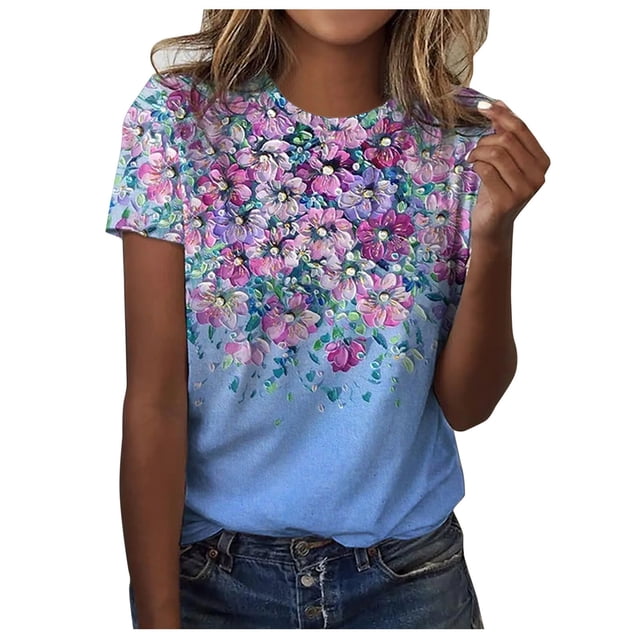 Hauts à Manches Courtes pour Femmes Mode Été Imprimé Ordinaire T-Shirt à Manches Courtes Col Rond pour Femmes T-Shirts d'Été pour Femmes Mode
