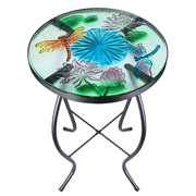 Wonder Garden Outdoor Side Table for Garden, Indoor Small Accent Coffee Table Plant Stand Round Glass Table for Balcony, Lawn, Patio, Dragonfly