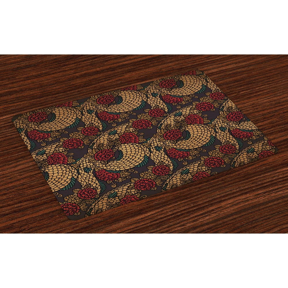 Asian Placemats Set of 4 Traditional Ancient Design Roses and Dragon