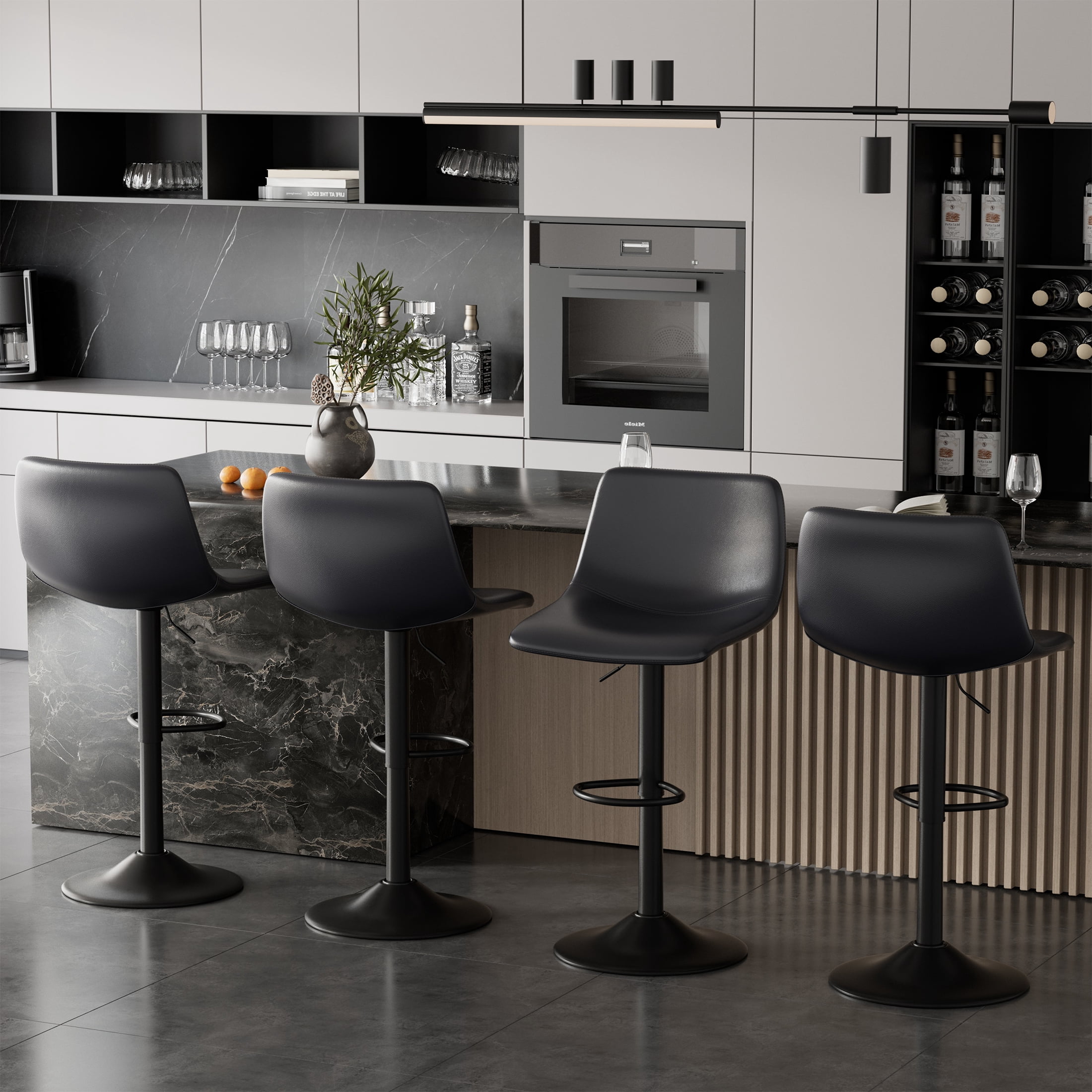 Hawsaiy Modern Swivel Bar Stools Set of 2, Adjustable Faux Leather Counter Height Chairs with Back for Kitchen Island, Black