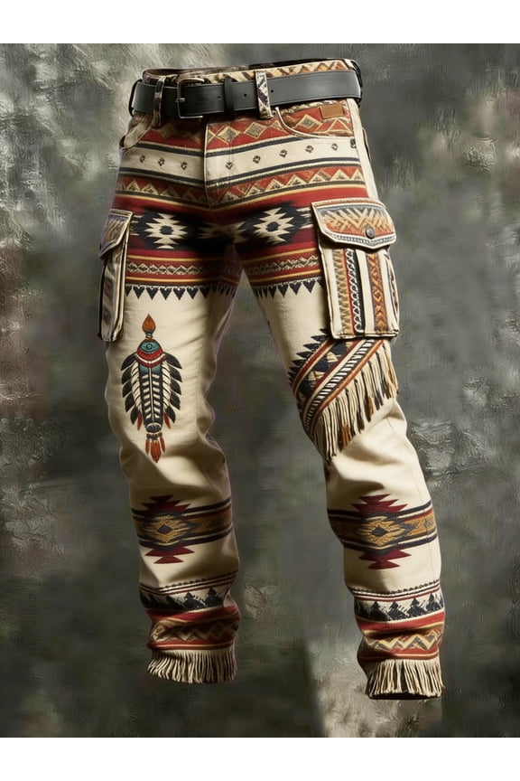 Men's Beige Ethnic Tribal Fringe Cargo Pants, Boho Western Style, Unique & Stylish Vibe, Trendy Wear, Ideal for Street & Vacation Occasions