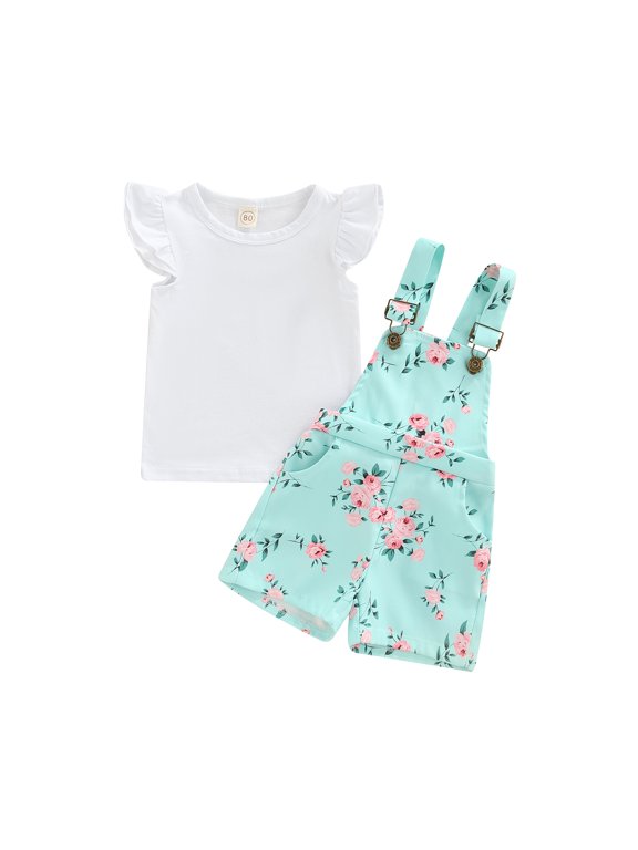 Toddler Baby Girl Summer Overall Outfit Ruffle Sleeve Tops T-Shirt + Floral Suspender Shorts Pockets Clothes Set