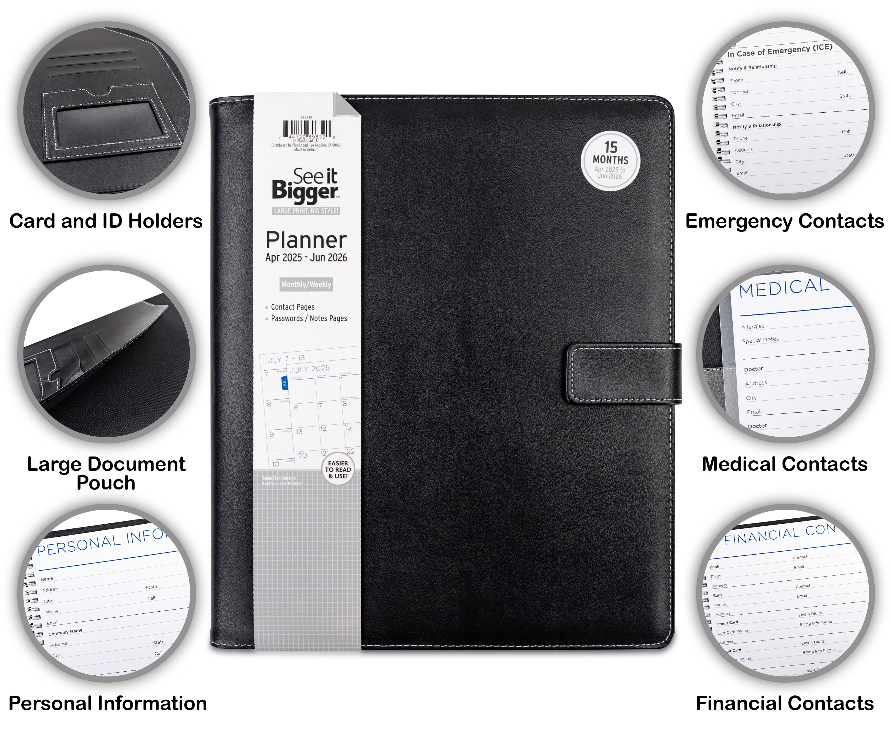 See it Bigger Monthly Weekly Padfolio Planner (10″ x 6″) Large Black, 15 month, Apr 2025-Jun 2026