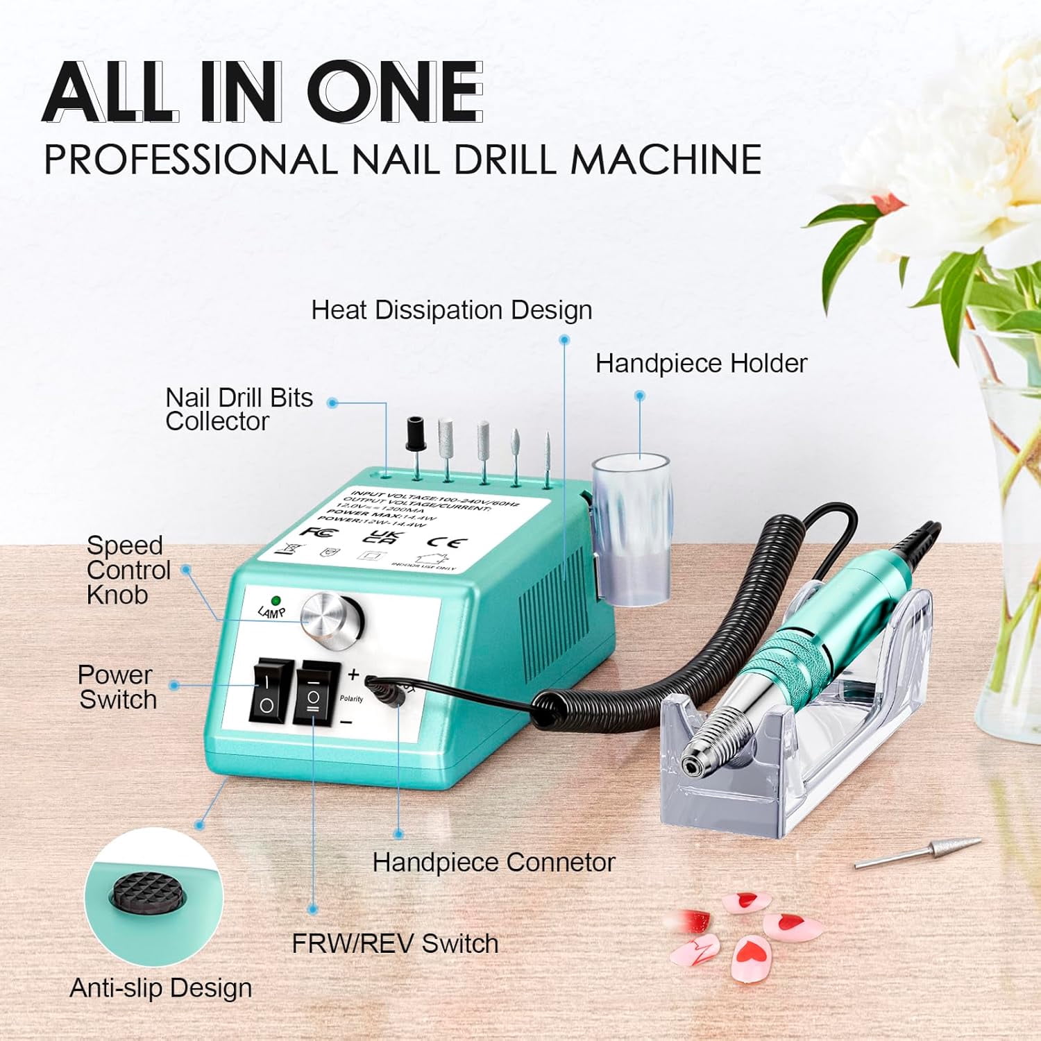 Professional Electric Nail Drill Kit, 30000 RPM Manicure Pedicure Machine with 6 Bits & 100 Sanding Bands,Green