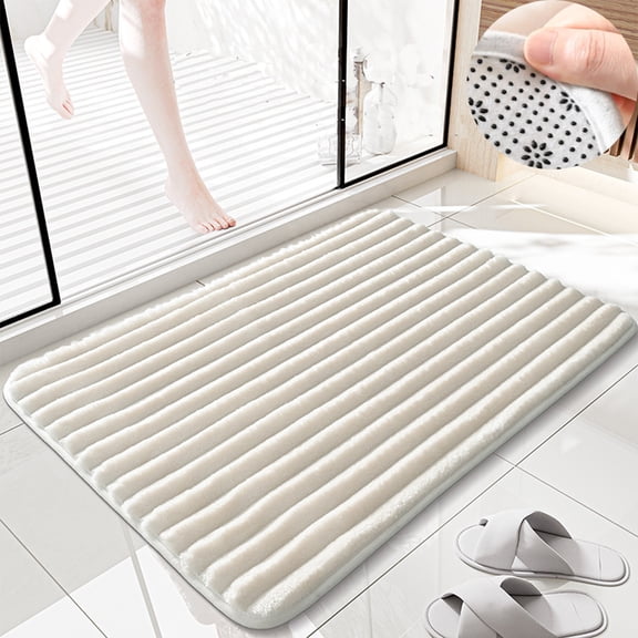 Soft Absorbent Memory Foam Bathroom Rug 20 x 32inches Anti-Slip Backing, Bath Mat Machine Washable, Beige White Strip Pattern Rugs