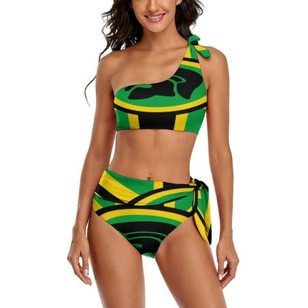 A Trojan Uk Flag in The Colors of Jamaica One Shoulder Bowknot Swimsuit Two Piece Swimsuit Knot Crop Top Bikini High Waisted Bathing Suit