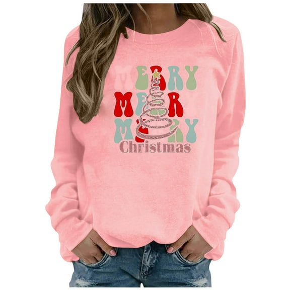 Holiday Deals Usmixi Womens Sweatshirt Winter Merry Christmas Crewneck Sweatshirt for Women Loose Casual Long Raglan Sleeve Pullover Blouses Ladies Plus Size Letter Print Sweatshirt Tops Big Saving