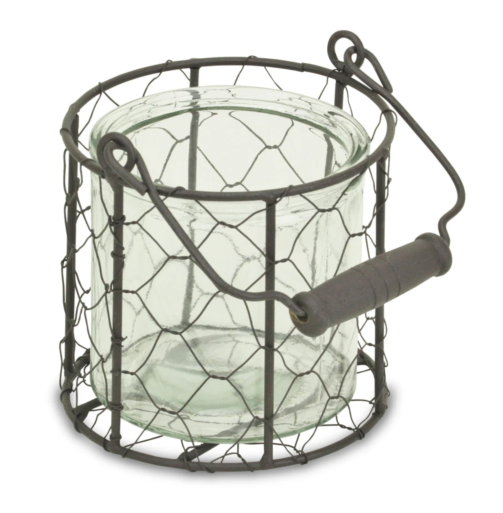 Contemporary Home Living 4.75" Clear and Brown Round Glass Jar in Wire Basket with Handle