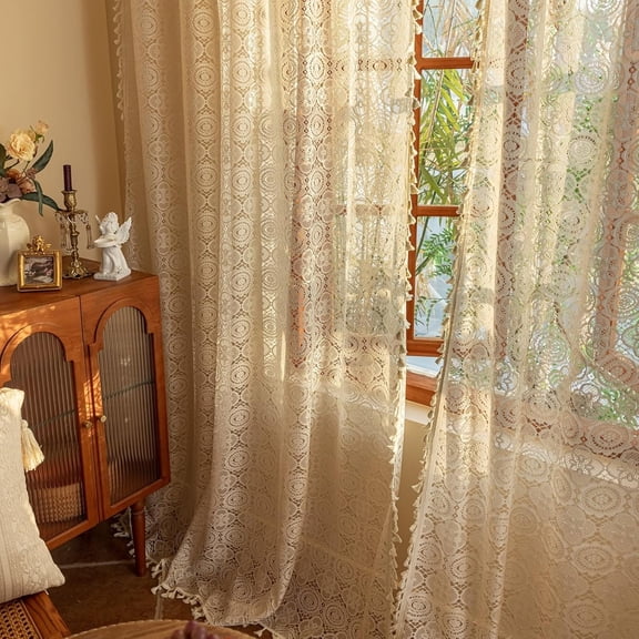 Boho Lace Curtains 84 inches Long 2 Panels-Vintage Floral Crochet Sheer Panels with Tassel for Living Room Bedroom Light Filtering Cottagecore Bohemian Farmhouse Drapes Beige W59 x L84
