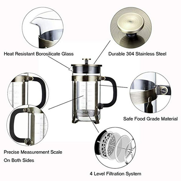 NK HOME French Press Coffee Maker, Glass, Double Wall Stainless Steel with  Extra Filters, 34 Oz 1.0L, French Coffee and Tea Maker, Chrome 