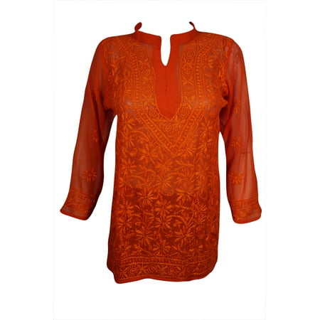 - Mogul Womens Beautiful Red Floral Hand Embroidered Tunic Blouse Long Sleeves Georgette Sheer Kurti Cover Up Top Dress S