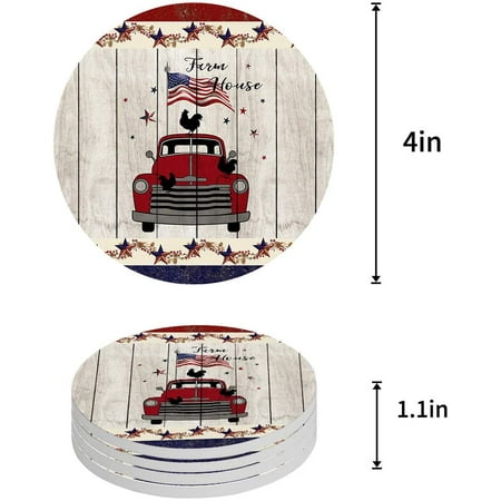 

KXMDXA Independence Day Vintage Pickup Truck American Flag Retro Car Farm House on Wooden Plank Set of 8 Round Coaster Drinks Absorbent Ceramic Stone Coasters Cup Mat Cork Base