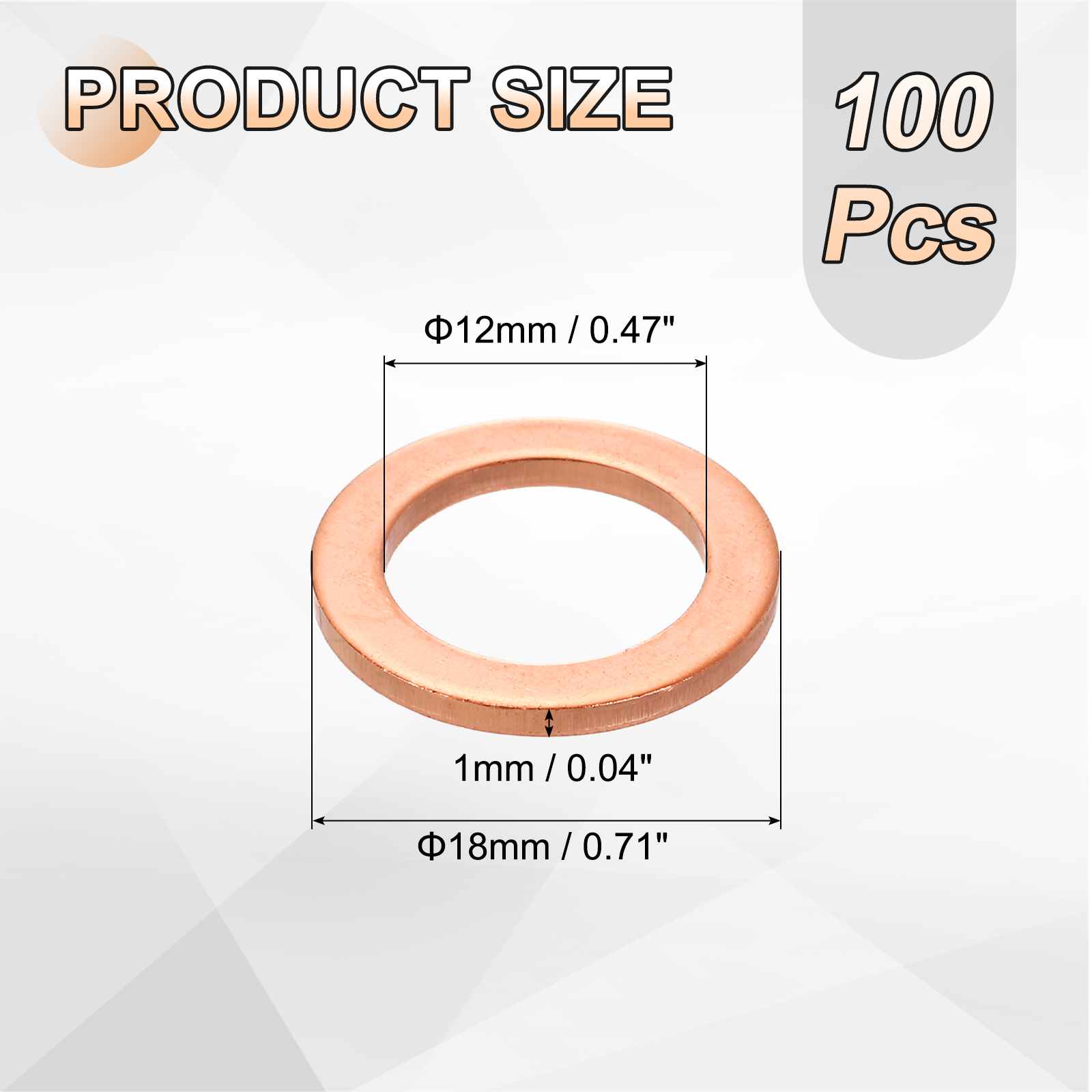 100 Pack M12 Flat Washer Copper Washer Sealing Rings, 12mm ID 18mm OD 1.5mm Thick