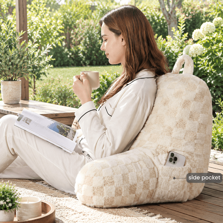 Beige 18 Inch Faux Checkered Replacement Reading Pillow Cover With Arms ...