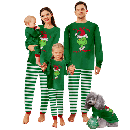 

FUNIER Matching Family Christmas Pajamas Sets The Grinch Green White Stripe Printed Sizes Baby-Kids-Adult-Pet 2-Piece Top and Pants Bodysuits Xmas PJS Sleepwear