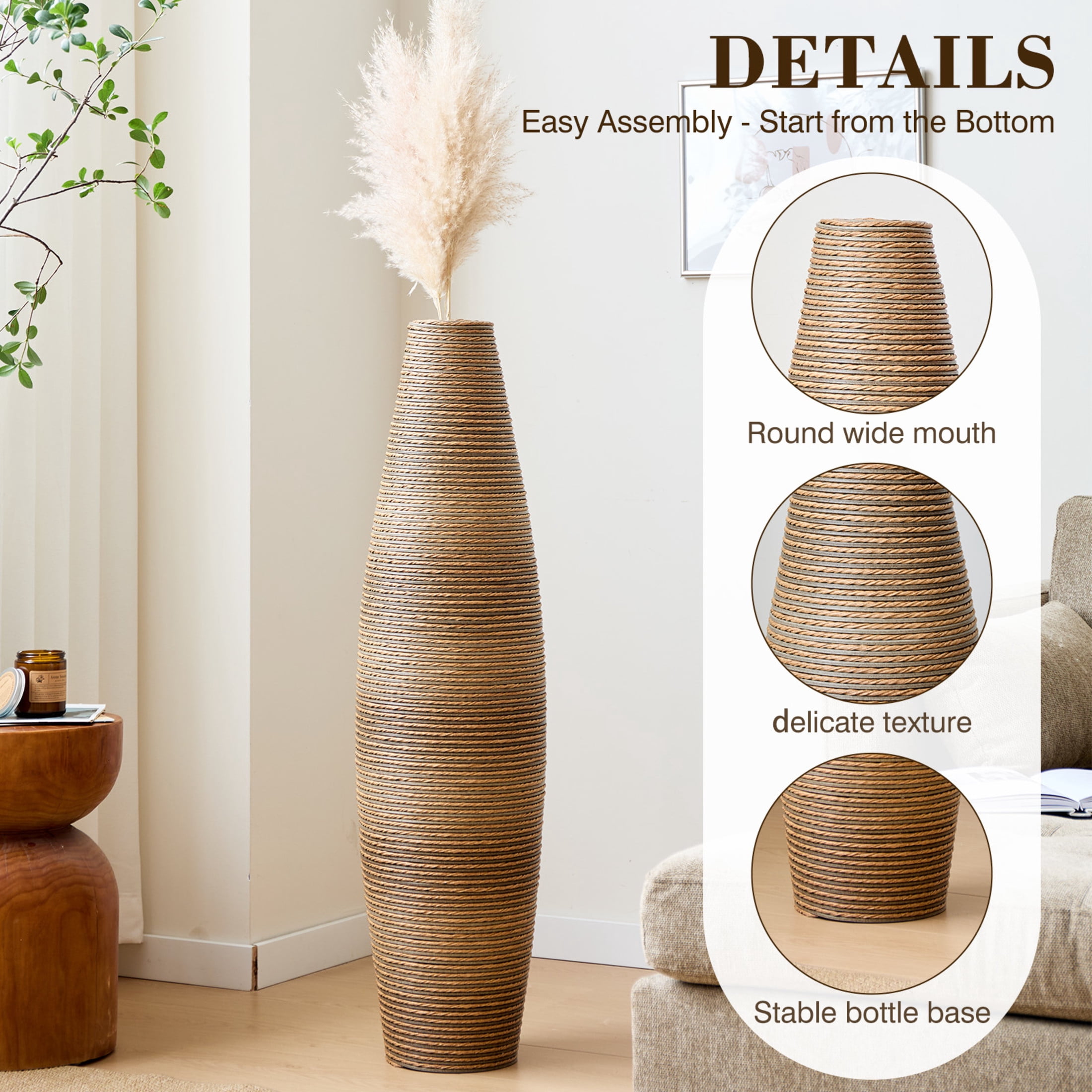 Noble House 39.37" Tall Handcrafted PVC Floor Vase, Rattan-Like Textured Decorative Vase, Beige