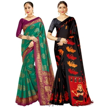 Pack of Two Sarees for Women Mysore Art Silk Printed Indian Wedding Saree | Diwali Gift Ethnic Sari Combo