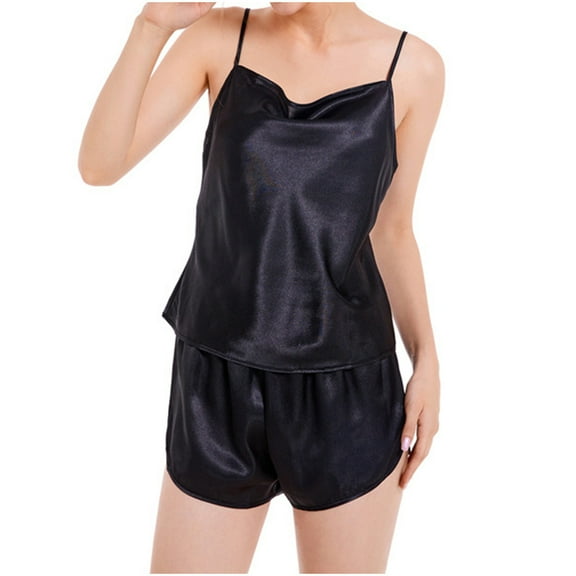 LYEAA Satin Pajamas for Women Set Valentine's Day Two Piece Soft Nightwear V Neck Sling Tops with Shorts Cozy Loungewear Ladies Solid Loose Casual Sleepwear Sleepsuits Black L