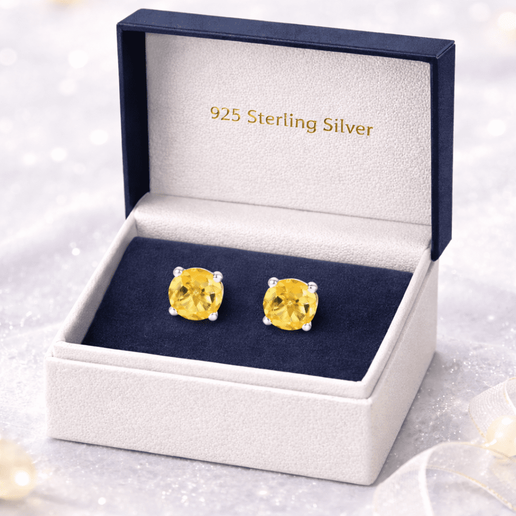 Femme Jam 925 Sterling Silver 6mm Round Citrine Stud Earrings, Yellow Gemstone Solitaire, Hypoallergenic Unisex Jewelry
