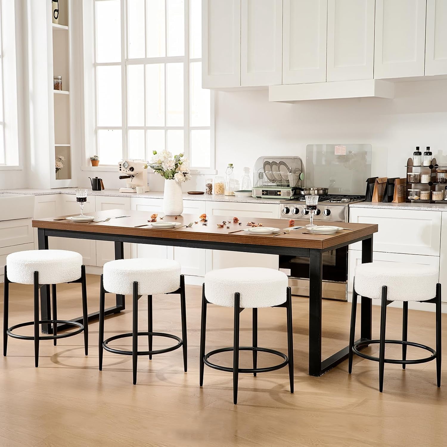 CLOUDREST PRO 24”Counter Height Bar Stools, Modern Velvet Bar Stools, Dinning Chair with Steel Legs for Kitchen Island - White, Set of 4