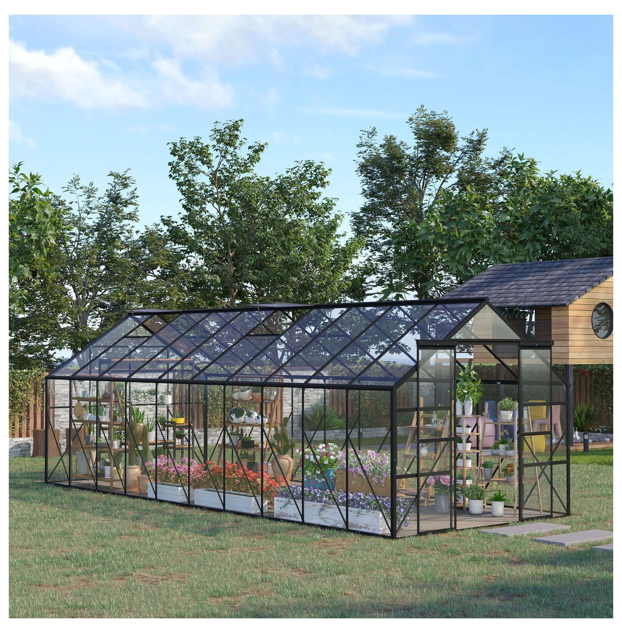 Aluminum Greenhouse 20x8ft Polycarbonate Walk-in Garden Greenhouse with Vent & Sliding Door for Winter, Clear