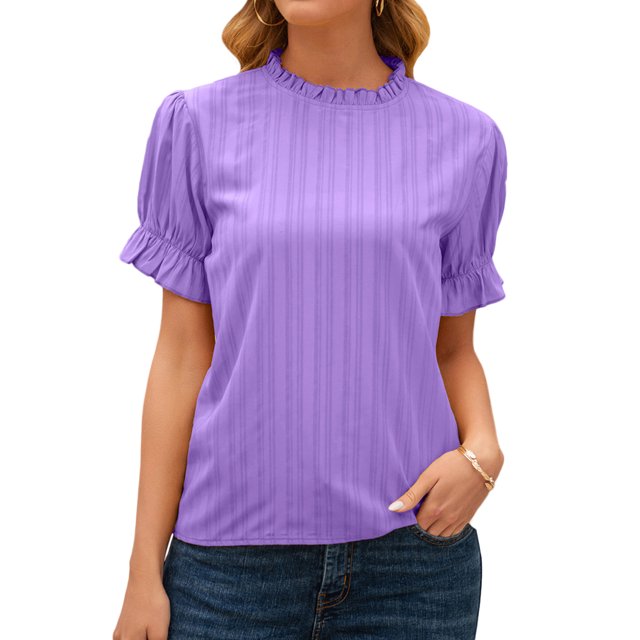Women Button Keyhole Back Ruffled Mock Neck Short Sleeve Pure Color Blouse