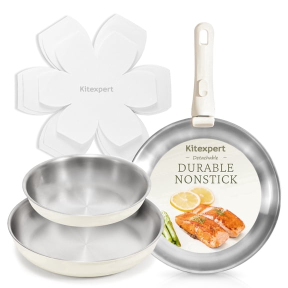 Kitexpert Stainless Steel Frying Pan Set, 8" 10" 12" Nonstick Skillet Pans with Removable Handle, Tri-Ply Cookware, Dishwasher & Oven Safe, Induction Compatible, Beige