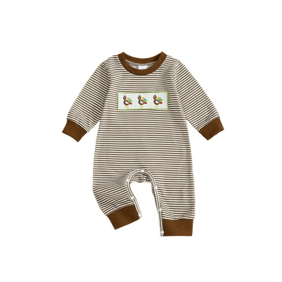 BemeyourBBs Boy Thanksgiving Stripe Romper Turkey Embroidery Long Sleeve Jumpsuit