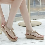 Anuirheih Ladies Sandals Rhinestone Buckle Style Wedge Heel Large Size Flip Flop Sandals Sandals Women (Beige)