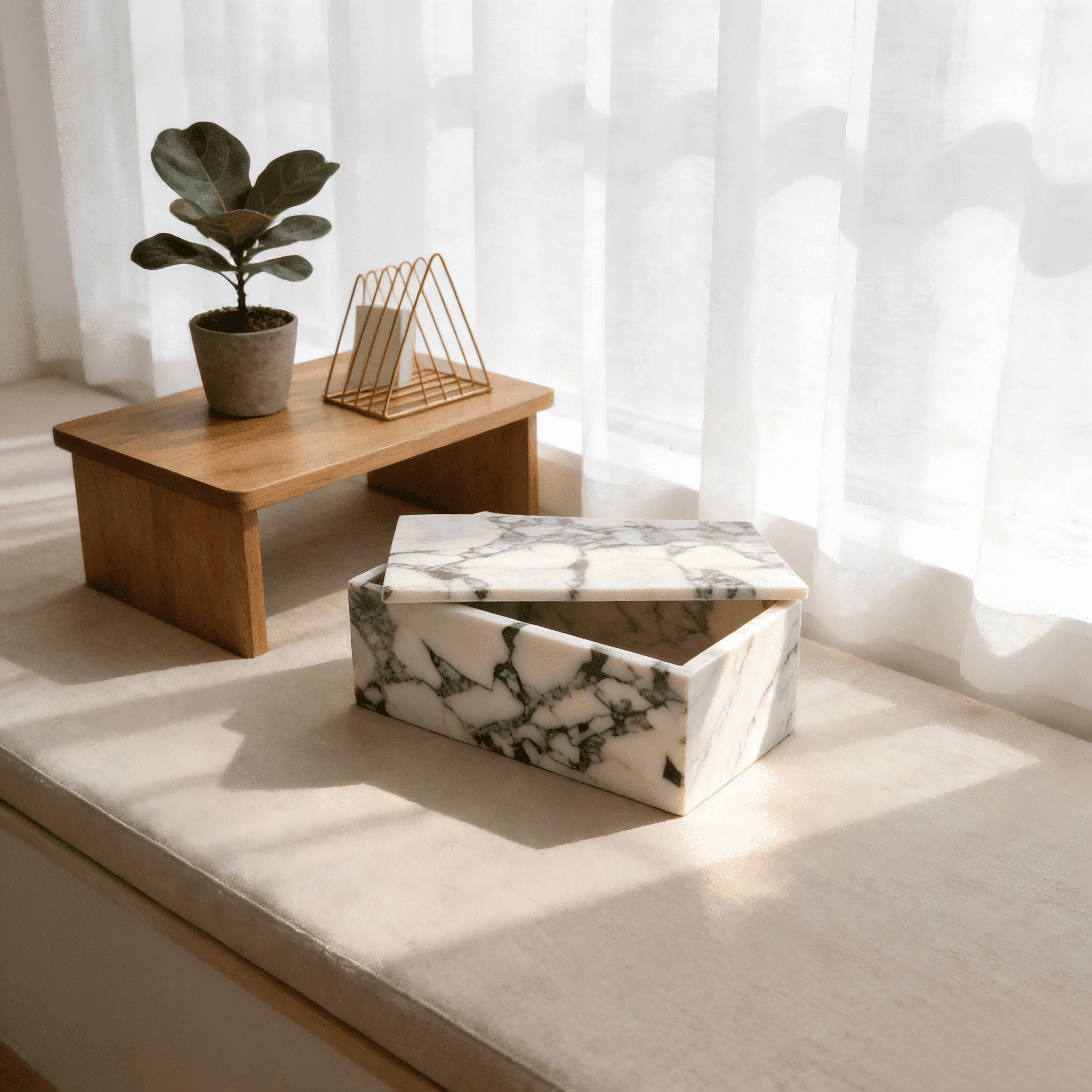 Calacatta Viola Marble Storage Box with Secure Lid - Dustproof Rectangular Container for Cotton Balls, Makeup, Personal Items | Home & Office Organizer