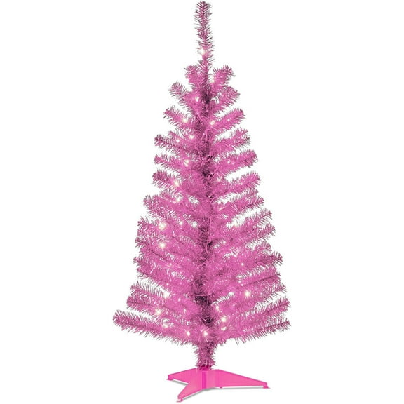 Pre-Lit Artificial Christmas Tree, Pink Tinsel, White Lights, Includes Stand, 4 feet