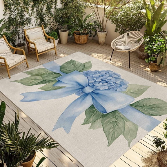 Fsddascl Hydrangea Flower Outdoor Rug for Patio/Deck/Porch, Non-Slip Large Area Rug 5 x 8 Ft, Pastoral Blue Bow Floral Spring Lraf Indoor Outdoor Rugs Washable Area Rugs, Camping Rug Carpet