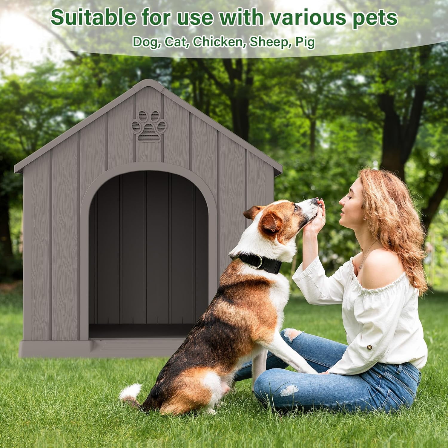 Large Dog House for Outdoor & Indoor, Waterproof Puppy Shelter with Air Vents & Elevated Floor, Easy Assemble Sturdy Dog Kennel for Large Dogs(Grey,36.2''L×38''W×38''H)
