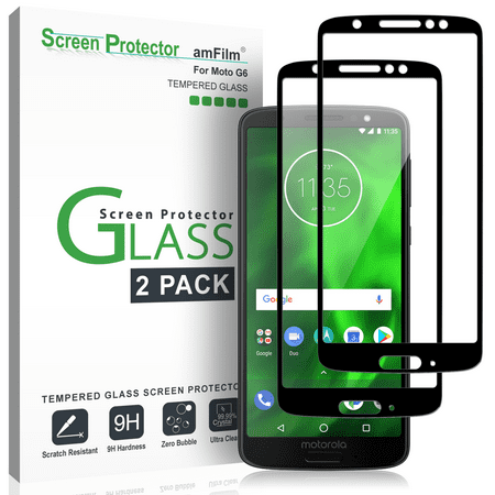 Moto G6 Screen Protector, amFilm Full Cover Tempered Glass Screen Protector with Dot Matrix for Motorola Moto G6 (2 Pack, Black)