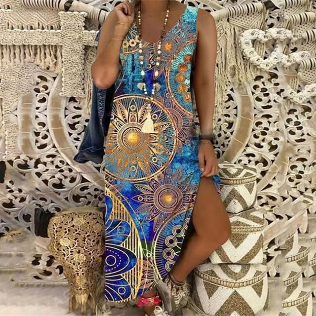 SMihono Robe Maxi Boho d'Été pour Femmes Grande Taille Femmes Décontractée Grande Taille Imprimé Col en V Poches Sans Manches Robe Maxi Longue Plage Balançoire Robe d'Été