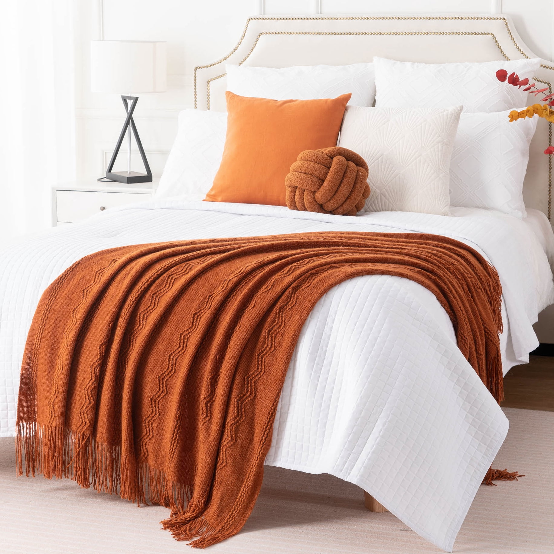 Battilo Caramel Throw Blanket, Lightweight Rust Orange Knit Blanket, Fall Decorative Throw for Couch ,50"x60"
