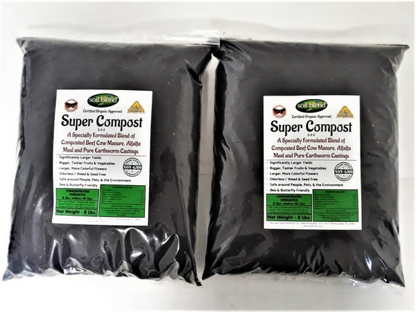 Super Compost 2 Pack of 8 Lb. Bags. Makes 80 Lbs. Organic Fertilizer, Planting Mix, Plant Food, Soil Amendment. A Blend of Worm Castings, Composted Beef Cow Manure & Alfalfa 2-2-2 NPK + Calcium, Iron.