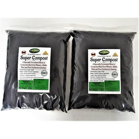 Super Compost 2 Pack of 8 Lb. Bags. Makes 80 Lbs. Organic Fertilizer, Planting Mix, Plant Food, Soil Amendment. A Blend of Worm Castings, Composted Beef Cow Manure & Alfalfa 2-2-2 NPK + Calcium,